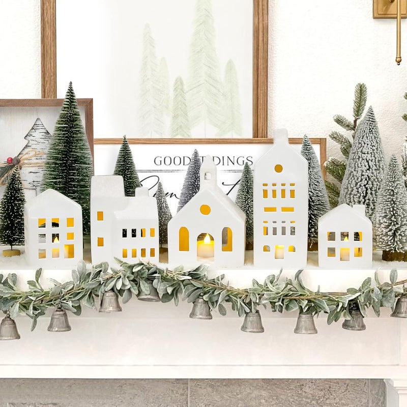 ORIENTAL CHERRY Christmas Decorations - Christmas Village Sets of 5 Lighted Ceramic Houses with Remote Control & 9 Trees - Indoor White Xmas Holiday Rustic Unique Decor for Home Table Room Farmhouse Decoration - Image 4